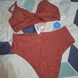 Cupshe Rust-Red One-Shoulder High-Waist Bikini Set